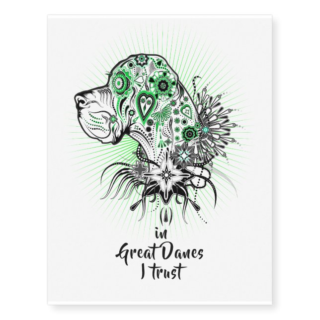 Green Great Dane temporary tattoo (Front)