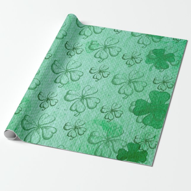 GREEN, GREEN A LUCKY FOUR-LEAF CLOVER PATTERNS WRAPPING PAPER (Unrolled)