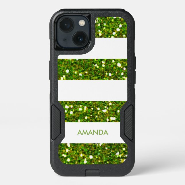 GREEN GREENERY Glitter white Stripe add your name Otterbox iPhone Case (Back)