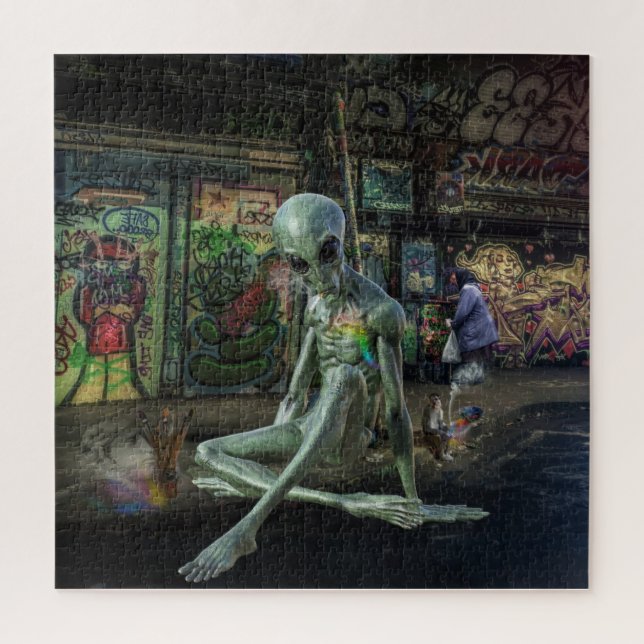 GREEN GREY ALIEN SITTING ON PAVEMENT WITH GRAFFITI JIGSAW PUZZLE (Vertical)