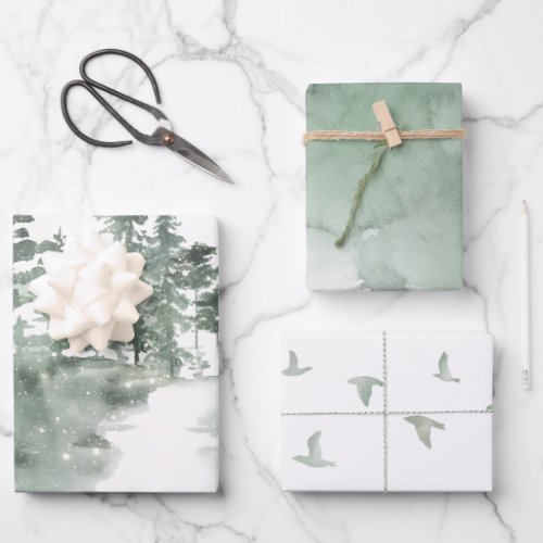 Green Grey and White Winter Assorted  Wrapping Paper Sheets