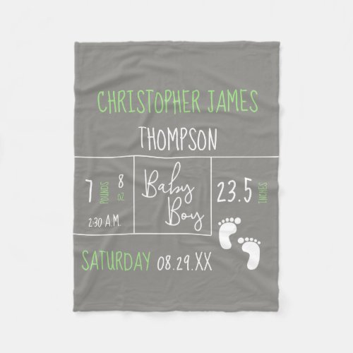 Green Grey Baby Boy Name birth date and stats Fleece Blanket