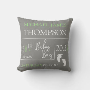 Green Grey Baby Boy photo Birth stat Announcement Throw Pillow