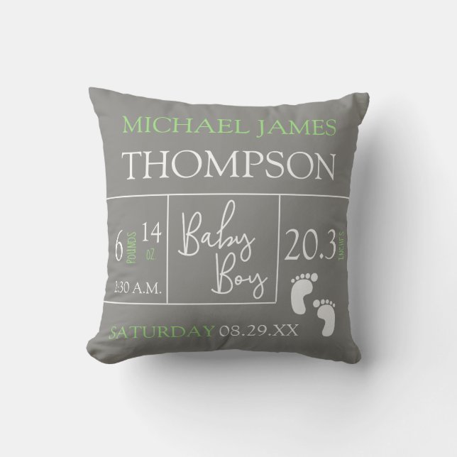 Green Grey Baby Boy photo Birth stat Announcement Throw Pillow (Front)