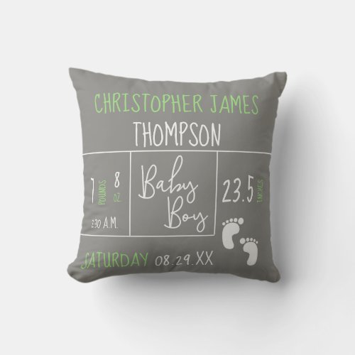 Green Grey Baby Boy photo Birth stat Announcement Throw Pillow