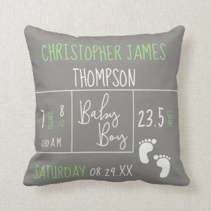 Green Grey Baby Boy photo Birth stat Announcement Throw Pillow