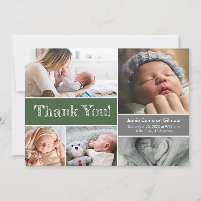 Green Grey Baby Shower Photo Collage Thank you Card (Front)