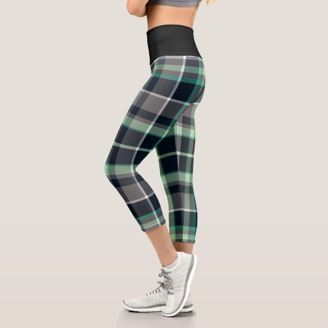 Green Grey Black Plaid Tartan Pattern Capri Leggings (Left)