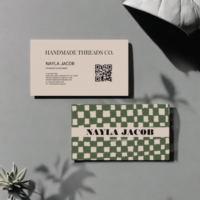 Green Grey Checkerboard Pattern QR Code Handmade Business Card (Creator Uploaded)