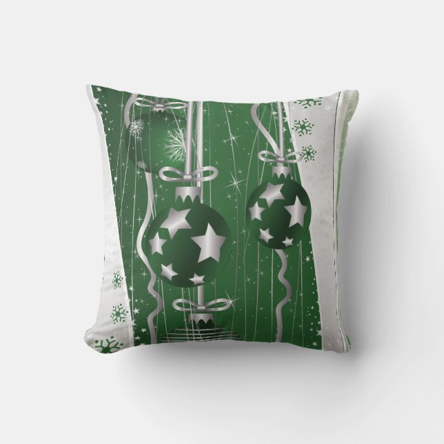 Green, grey Christmas balls stars and snowflakes Throw Pillow (Front)