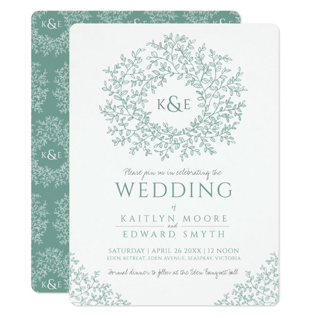 Green grey hand drawn leaf monogram art wedding invitation