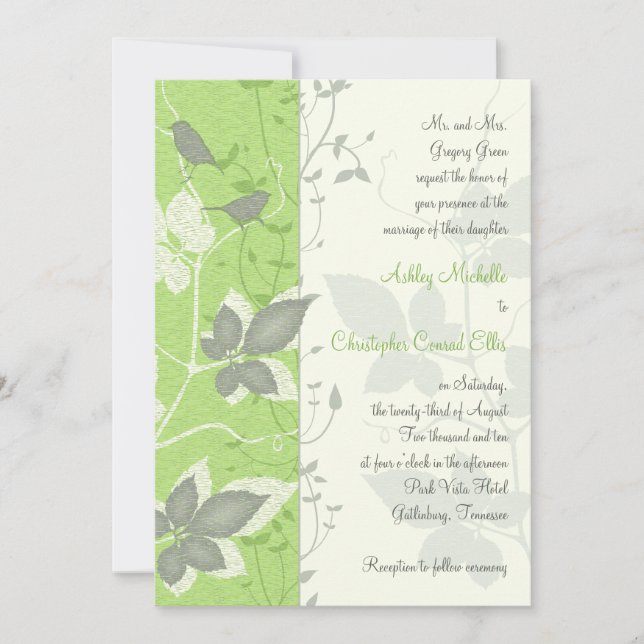 Green Grey Ivory Vines Birds Wedding Invitation (Front)