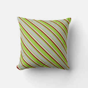 Green, Grey, Light Yellow, and Dark Red Stripes Throw Pillow