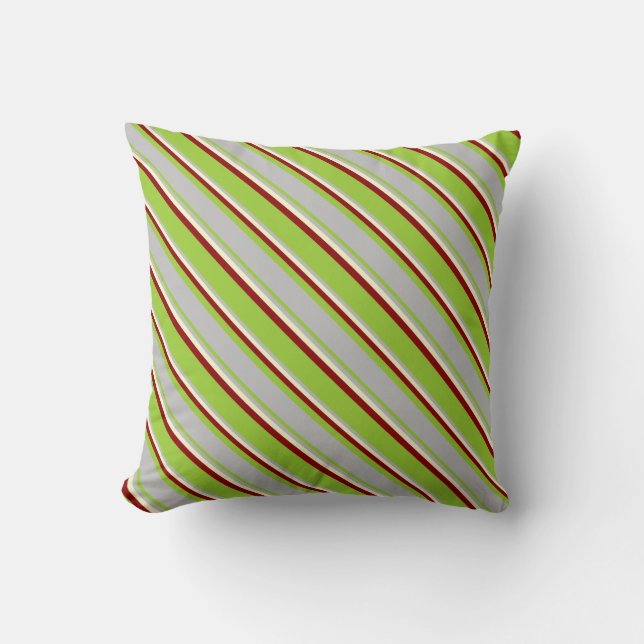 Green, Grey, Light Yellow, and Dark Red Stripes Throw Pillow (Front)