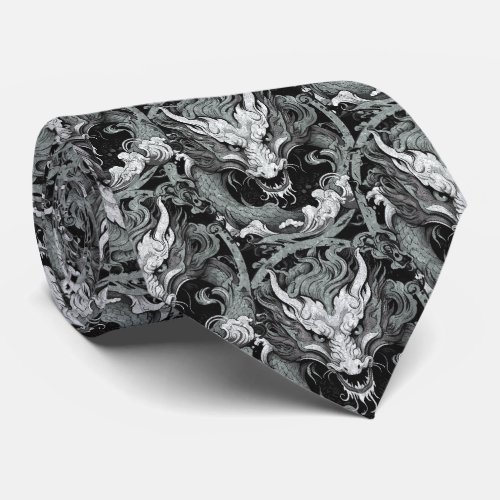 Green Grey Medieval Chinese Dragon Neck Tie