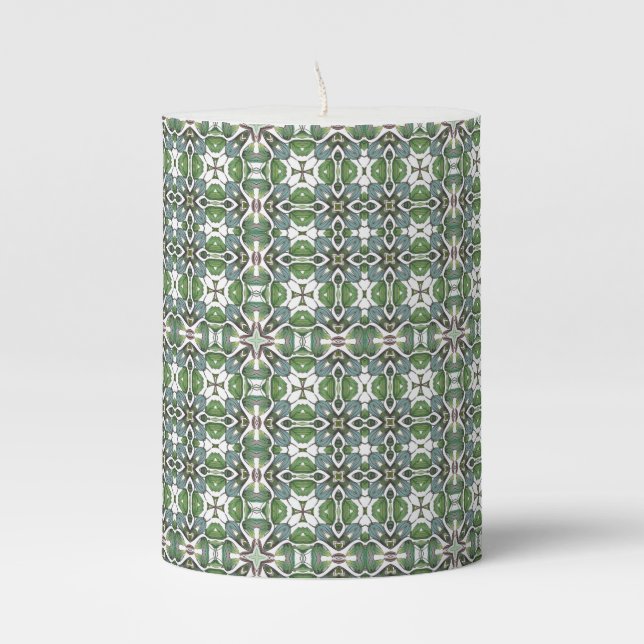 Green & Grey Modern Celtic Pattern Pillar Candle (Front)