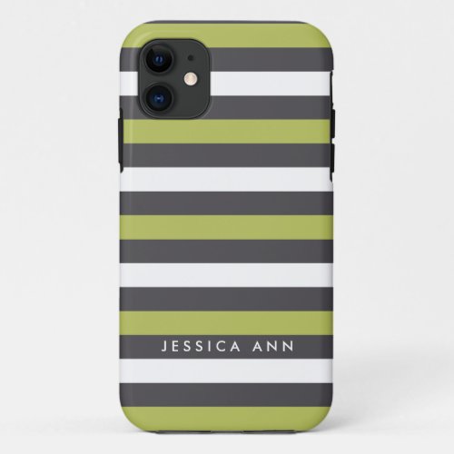 Green Grey White Chic Stripes iPhone 11 Case