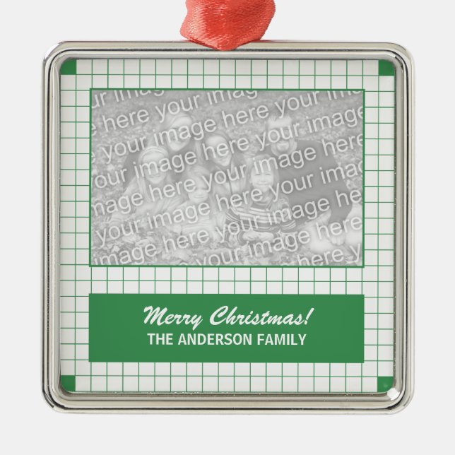 Green Grid Photo Metal Ornament (Front)