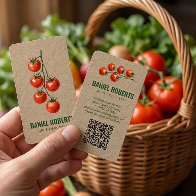 Green Grocery Business Card – Watercolor Tomato  (#GreenGrocery #FreshProduce #GroceryStore #VegetableShop #TomatoDesign #EcoFriendlyBranding #Organic)