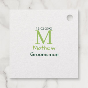 green groomsman name letter date masculine pastel foil favor tags