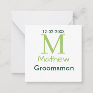 green groomsman name letter date masculine pastel note card