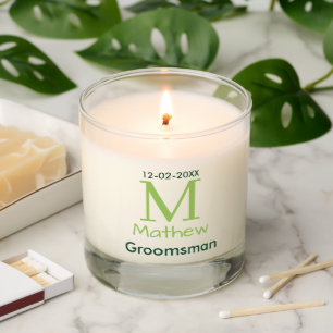 green groomsman name letter date masculine pastel scented candle