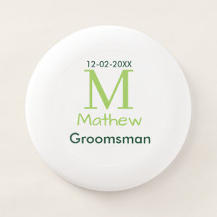 green groomsman name letter date masculine pastel Wham-O frisbee