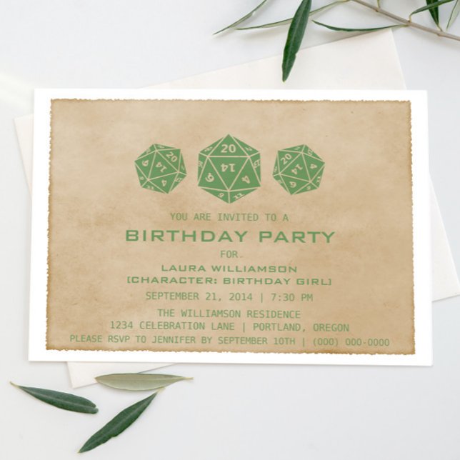 Green Grunge D20 Dice Gamer Birthday Party Invite (Green Grunge d0 Dice Gamer Birthday Party Invite)