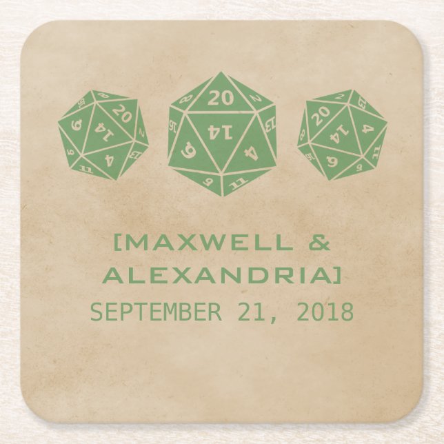 Green Grunge D20 Dice Gamer Paper Coasters (Front)