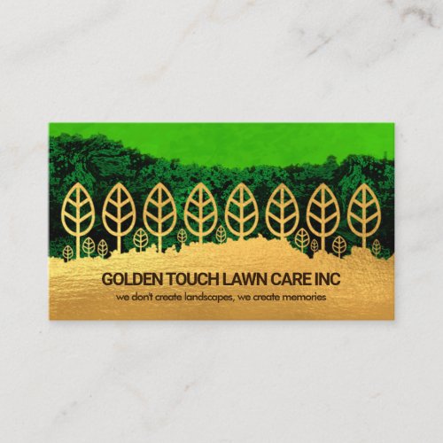 Green Grunge Forest Gold Tree Layer Lawn Care Business Card