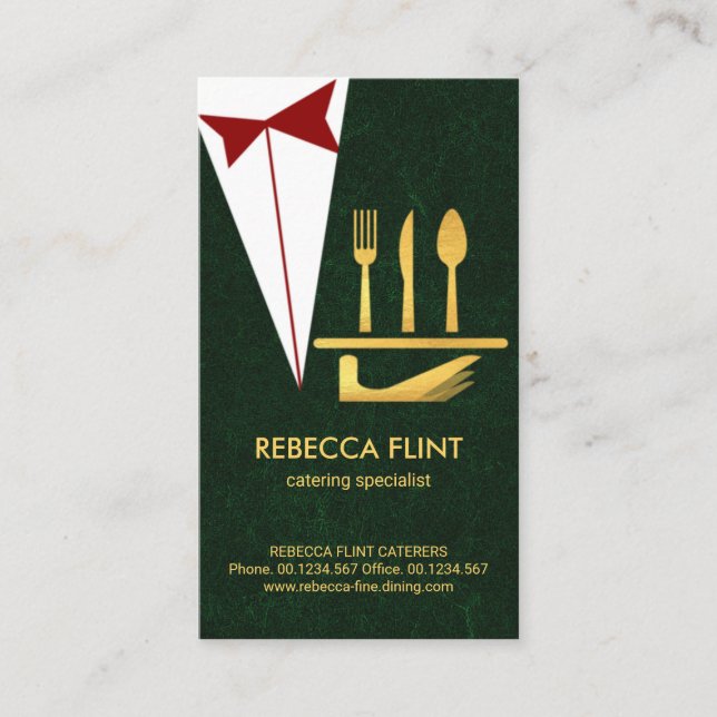 Green Grunge Tuxedo Gold Serving Plate Cutlery Business Card (Front)