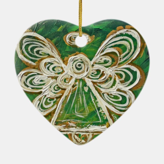 Green Guardian Angel Art Holiday Ornament (Back)