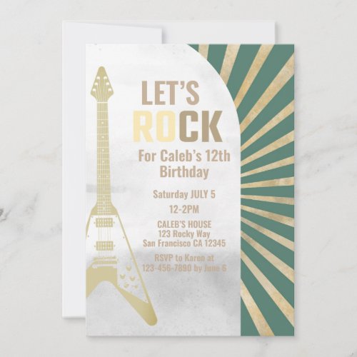 Green Guitar Rock and Roll Rockstar Birthday Invitation