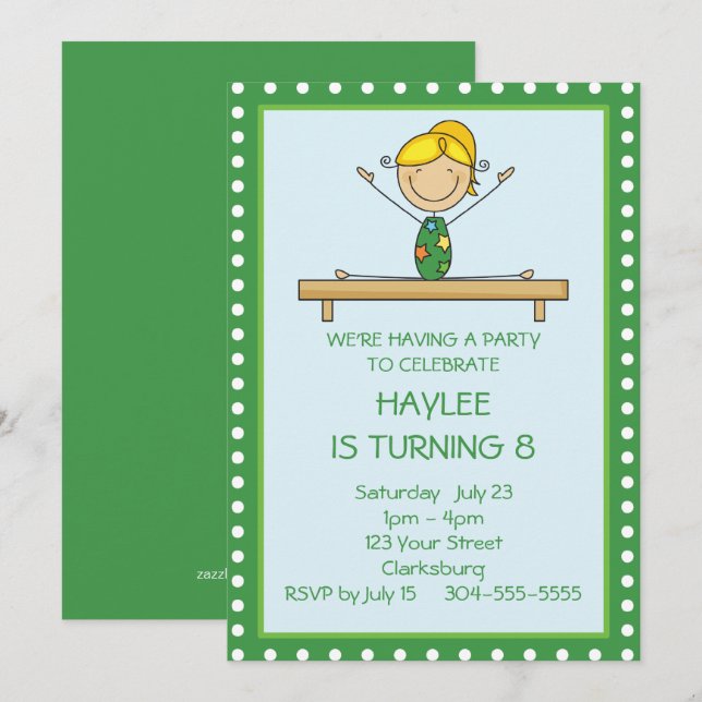 Green Gymnastics Birthday Party Invitation (Front/Back)