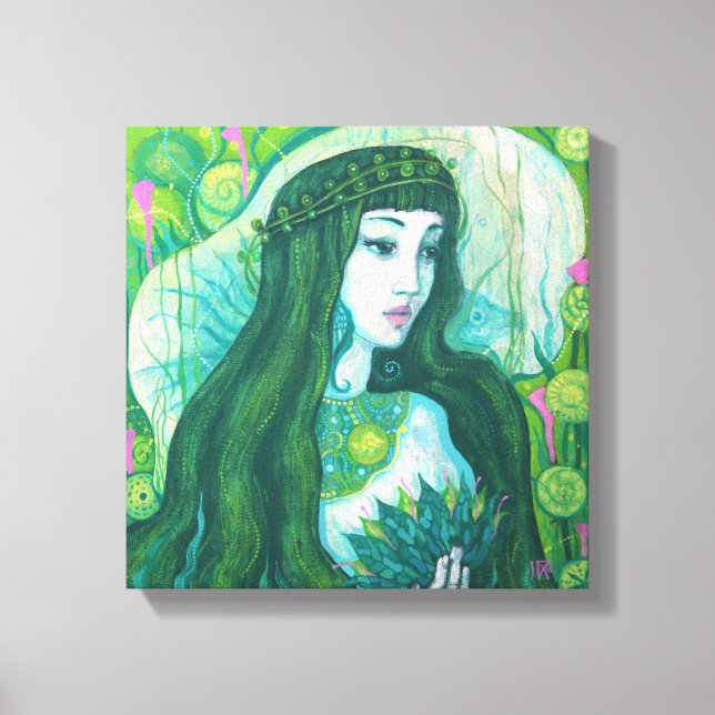 Green Hair Mermaid Underwater Fantasy Surreal Art Canvas Print (Front)