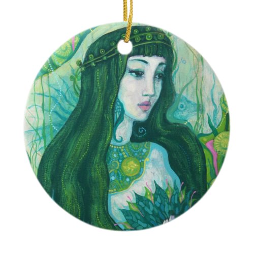 Green Hair Mermaid Underwater Fantasy Surreal Art Ceramic Ornament