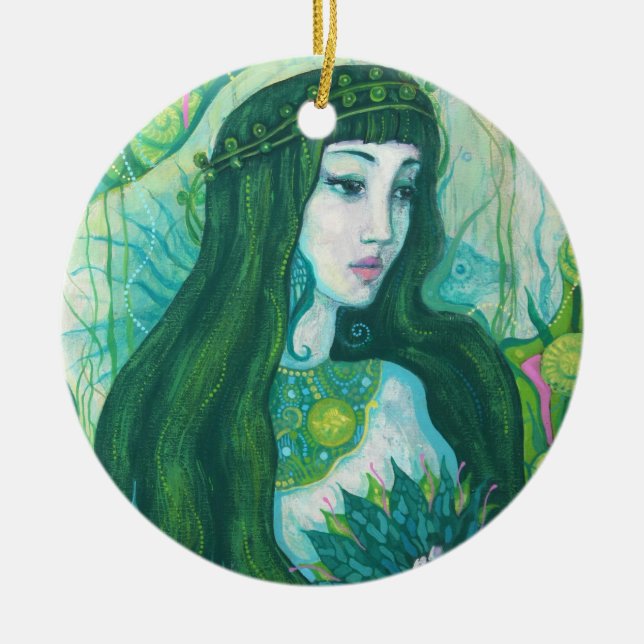 Green Hair Mermaid Underwater Fantasy Surreal Art Ceramic Ornament (Front)