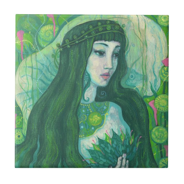 Green Hair Mermaid Underwater Fantasy Surreal Art Ceramic Tile (Front)