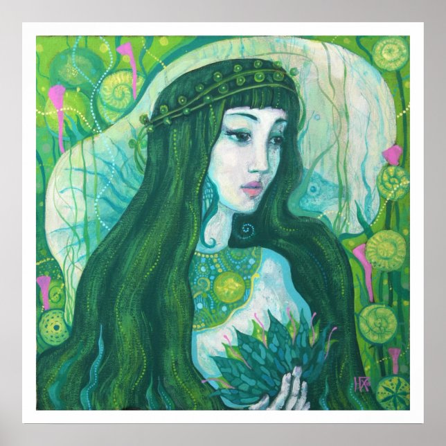 Green Hair Mermaid Underwater Fantasy Surreal Art Poster (Front)