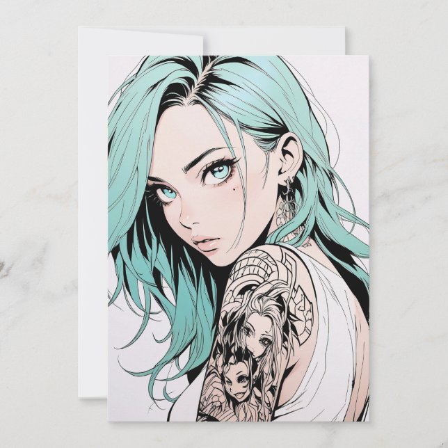 Green Hair Tattoo Anime Girl Invitation (Front)