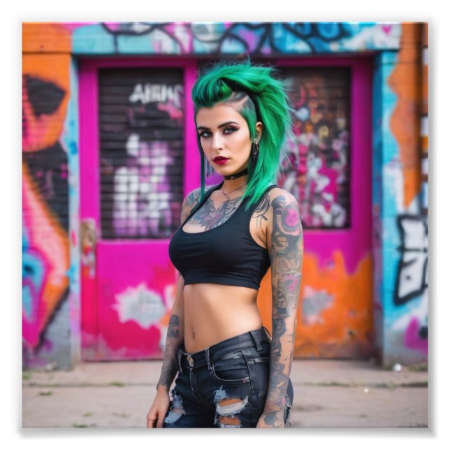 Green Hair Tattoo Punk Babe in Graffiti Street Photo Print (Front)