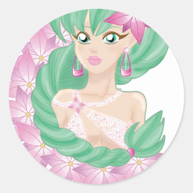 Green haired elf classic round sticker (Front)