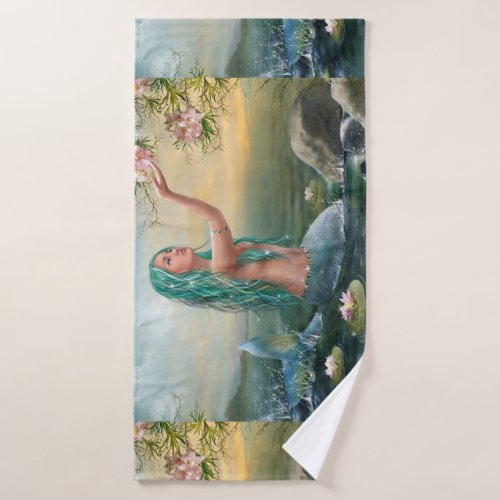 green haired mermaid bath towel