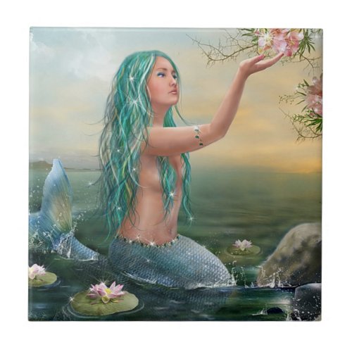 green haired mermaid ceramic tile