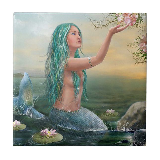 green haired mermaid ceramic tile (Front)