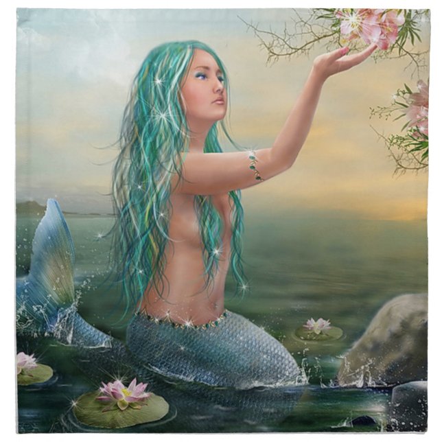 green haired mermaid cloth napkin (Front)