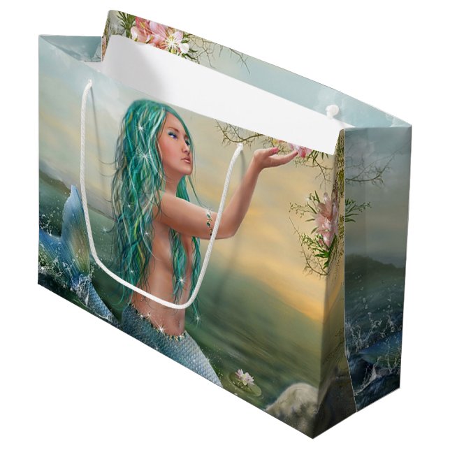 green haired mermaid large gift bag (Front Angled)