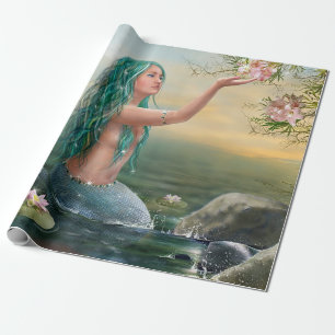 green haired mermaid wrapping paper