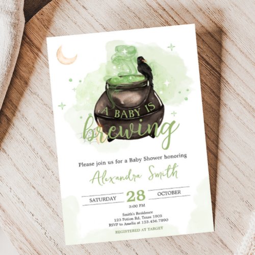 Green Halloween A Baby is Brewing Baby Shower Invitation
