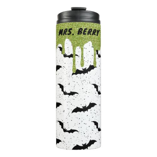 Green Halloween Glitter Bats Thermal Tumbler